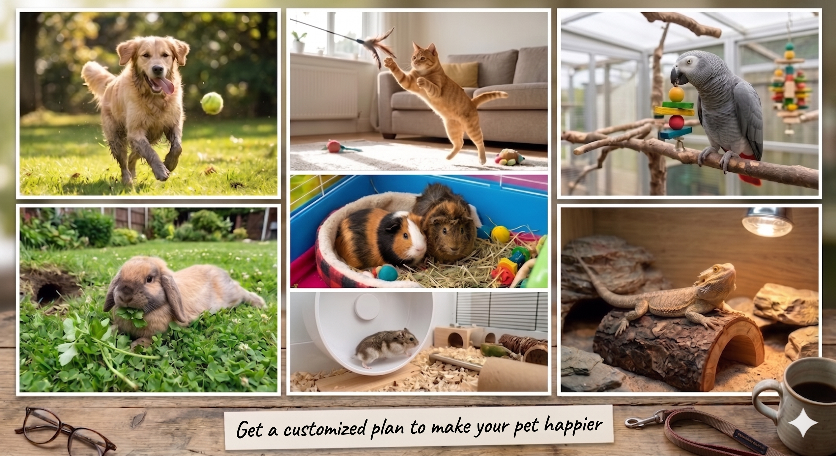 A collage of pets with a note about getting a customized plan to make your pet happier.